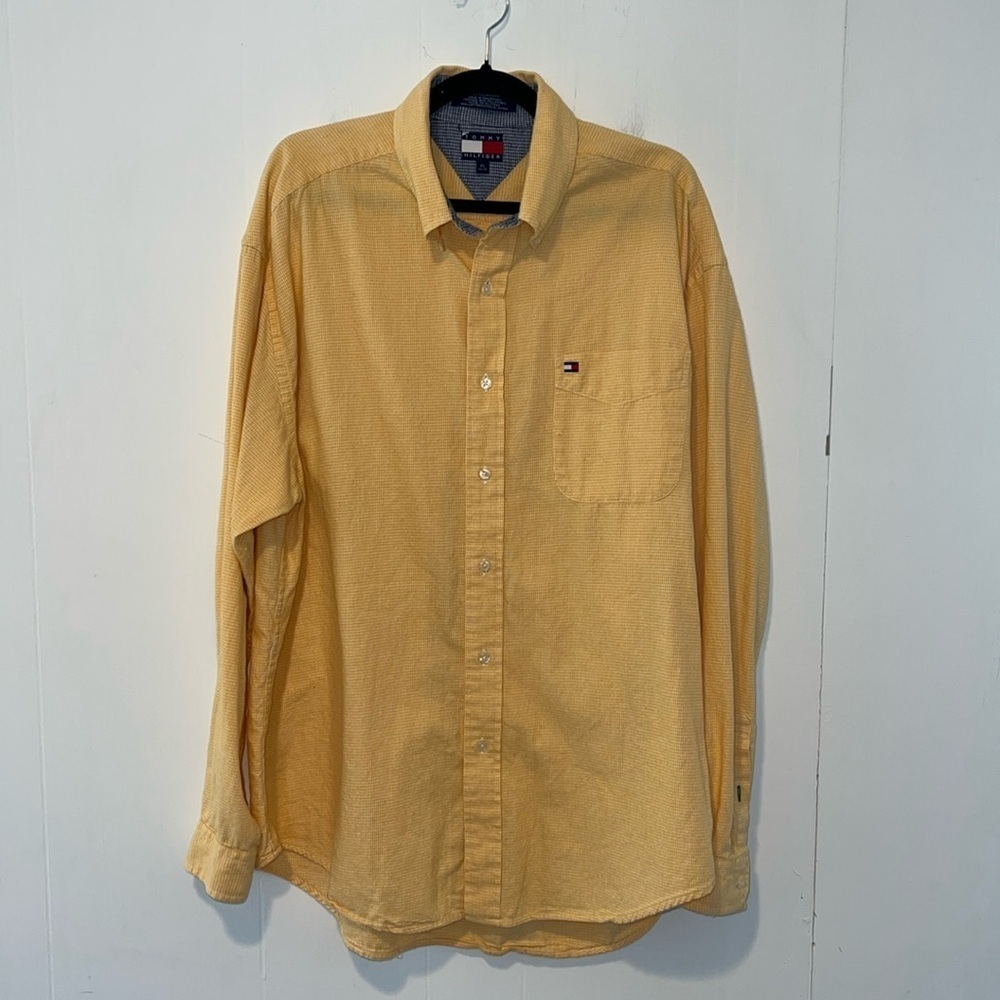 Tommy Hilfiger Long Sleeve Button Up Yellow & White Mens Collard Shirt Z6